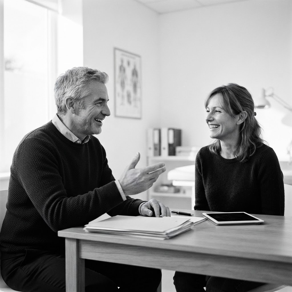 Illustrative black-and-white consultation room