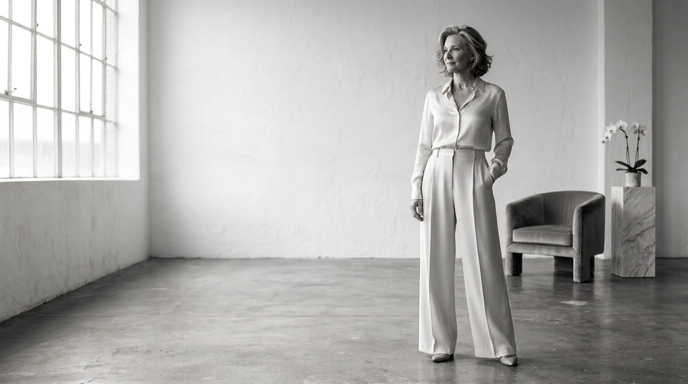 Woman in a silk blouse and wide-leg trousers standing in a sunlit loft