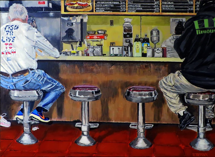 Painting of customers seated on stools at a diner counter, with menu boards above and a signature at the lower right