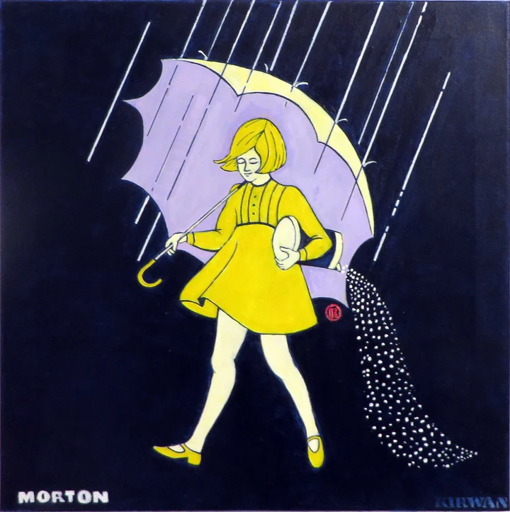 Painting of a girl in a yellow dress beneath a lavender umbrella in the rain, with the signature visible at the lower edge