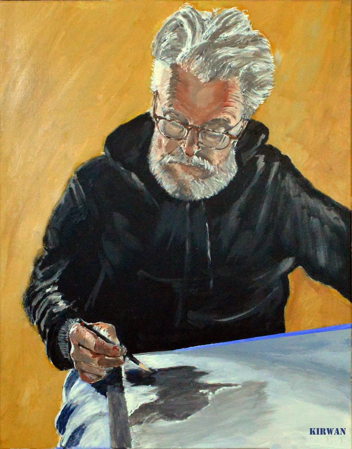 Portrait painting of a gray-haired person wearing glasses and holding a brush, against a warm yellow background, signed at the lower right
