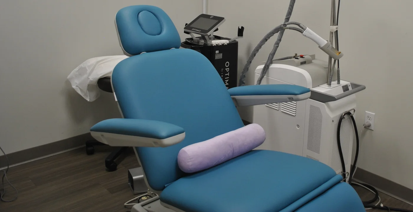Detail of a reclining treatment chair and adjacent equipment in an empty room