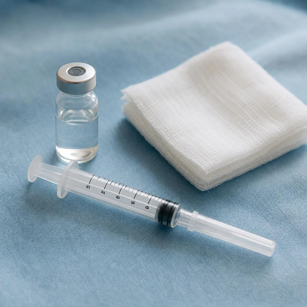 AI-generated editorial still life of a capped syringe, vial and gauze