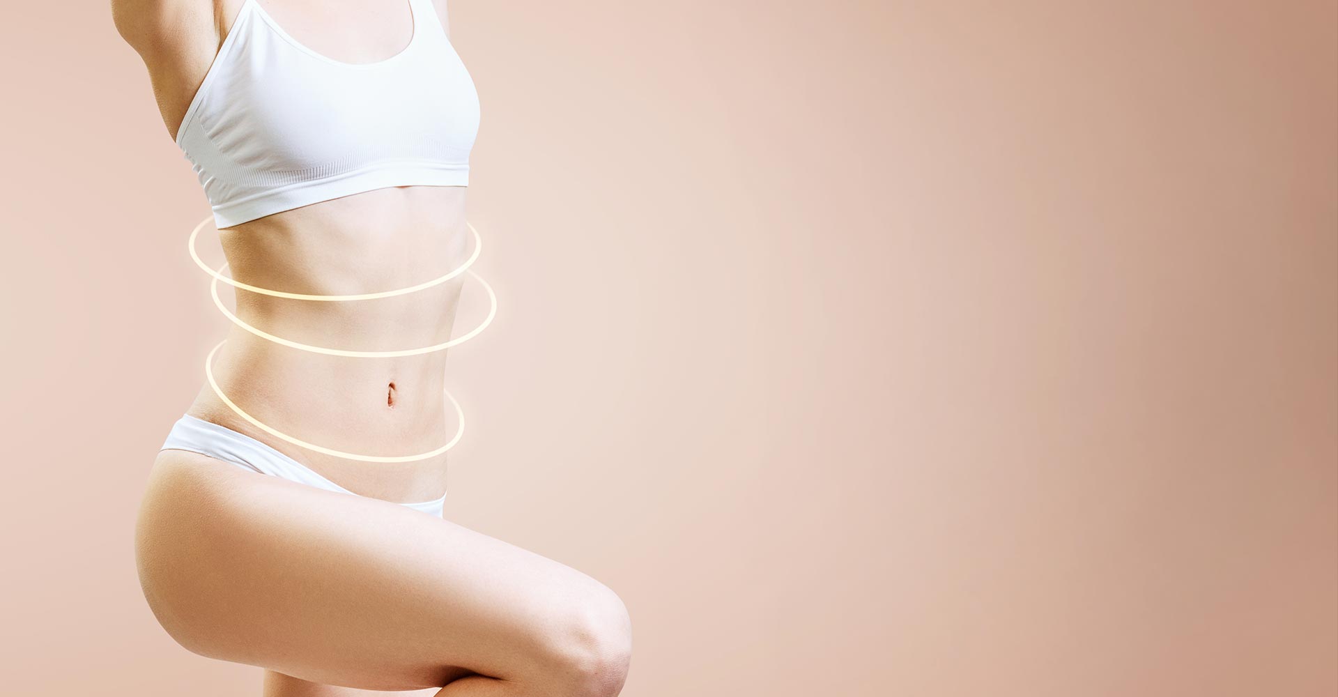 Slim woman body with glowing circles shows lifting effect.